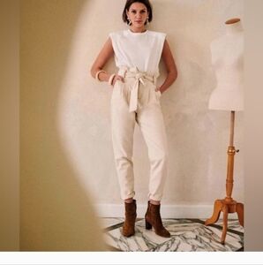 Sezane Austin Trousers High Waisted Tie Ankle Pants in Flecked Ecru Sz 38